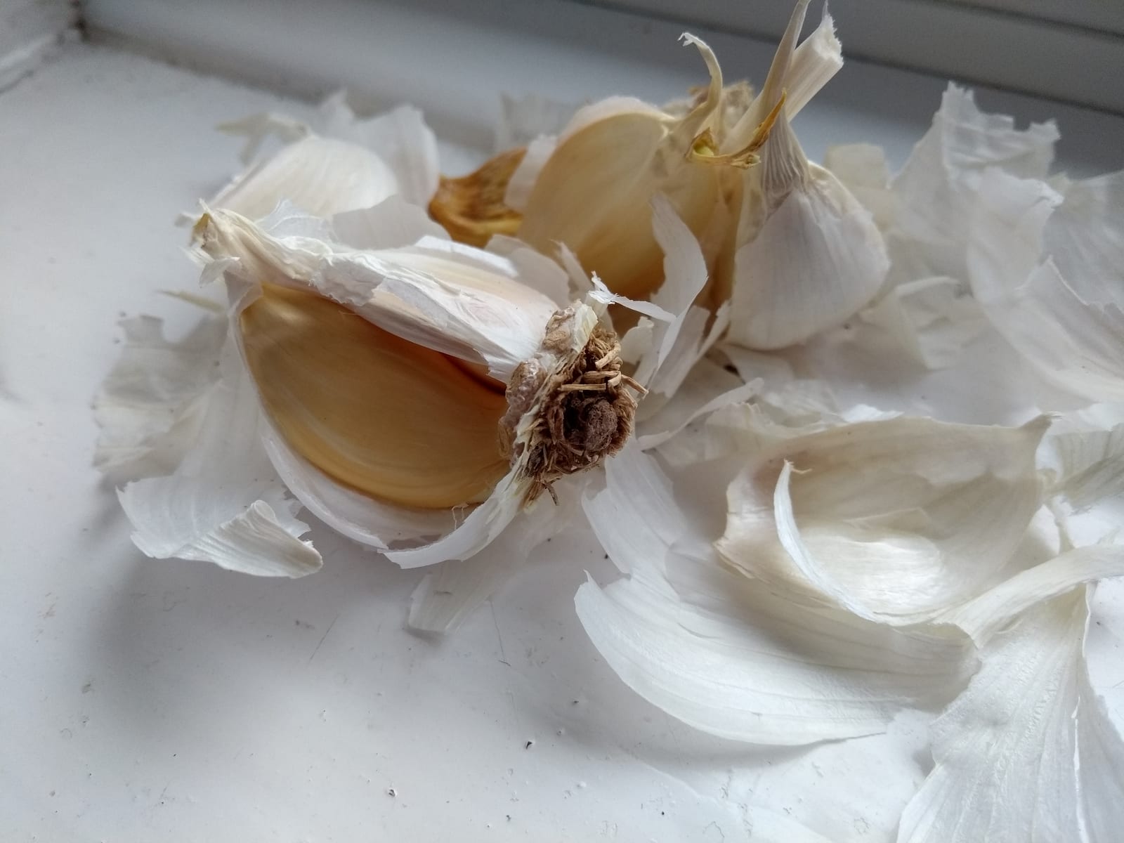 A broken head of garlic with several exposed cloves and loose papery skins.