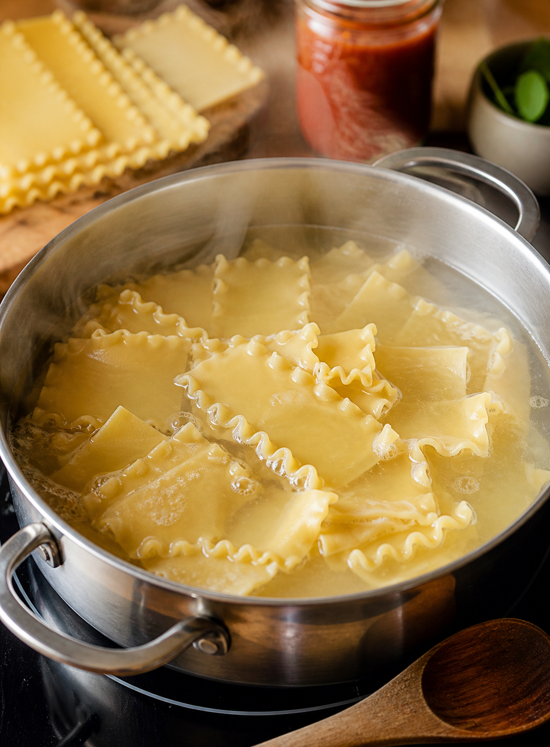 Broken lasagna sheets boiling in a stainless steel pot.