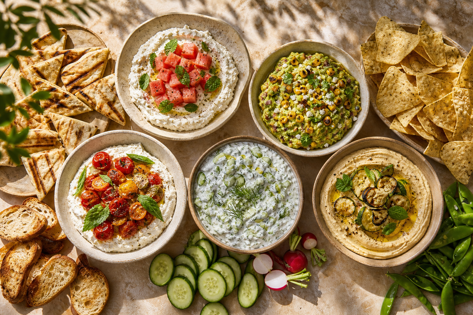 Five bowls of colorful summer dips surrounded by flatbread, chips, crostini, cucumber, radishes, and snap peas.