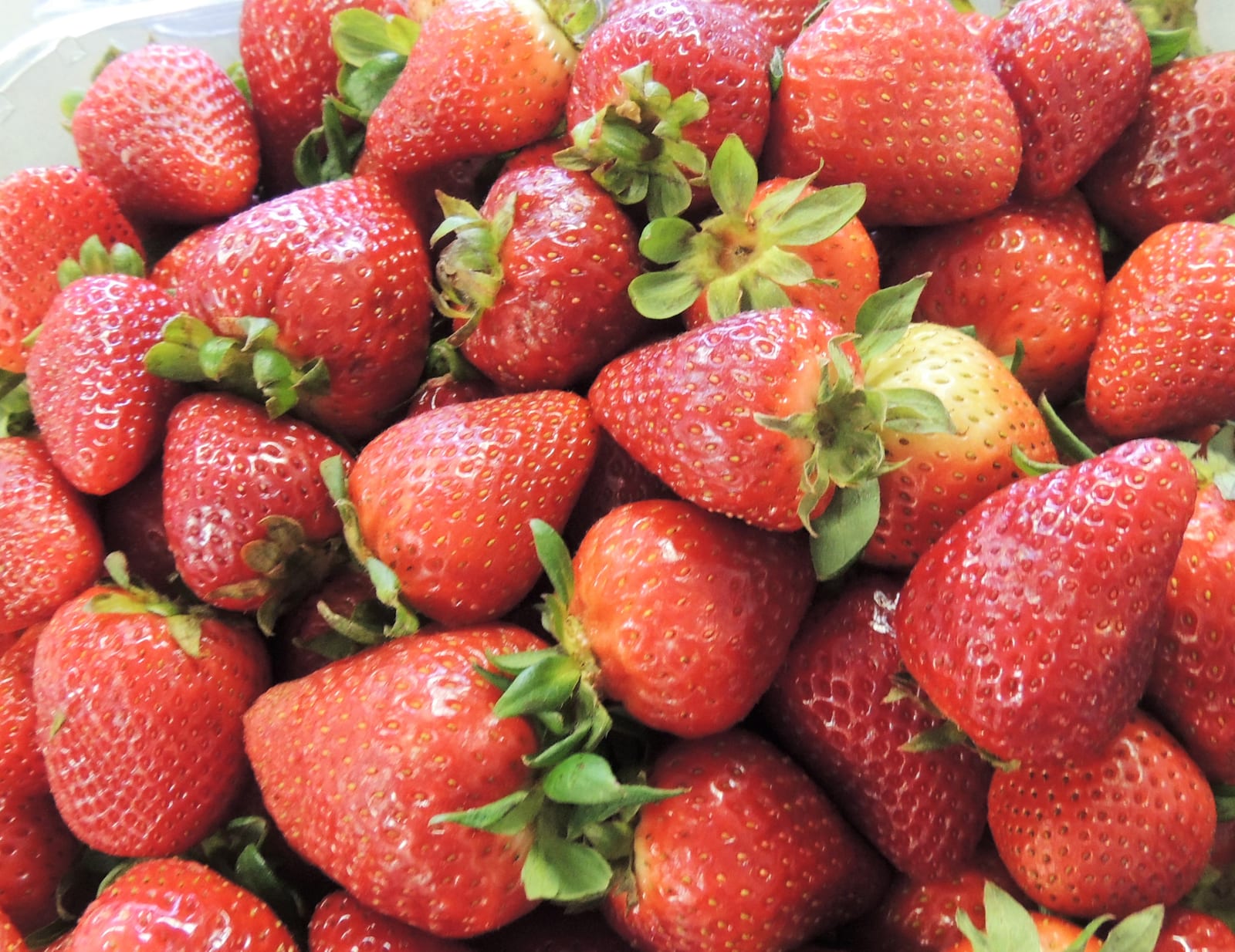A close pile of ripe red strawberries with green caps.