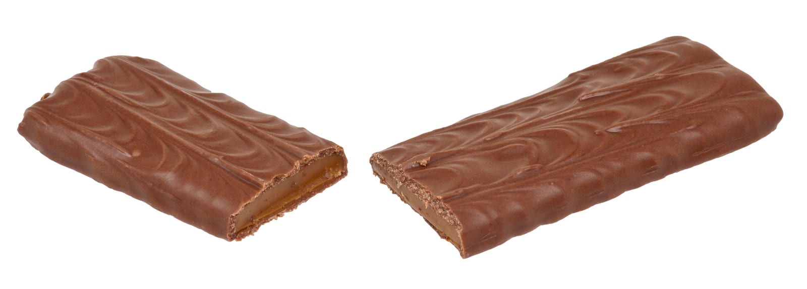 A chocolate-coated toffee candy bar broken open to reveal its amber center.