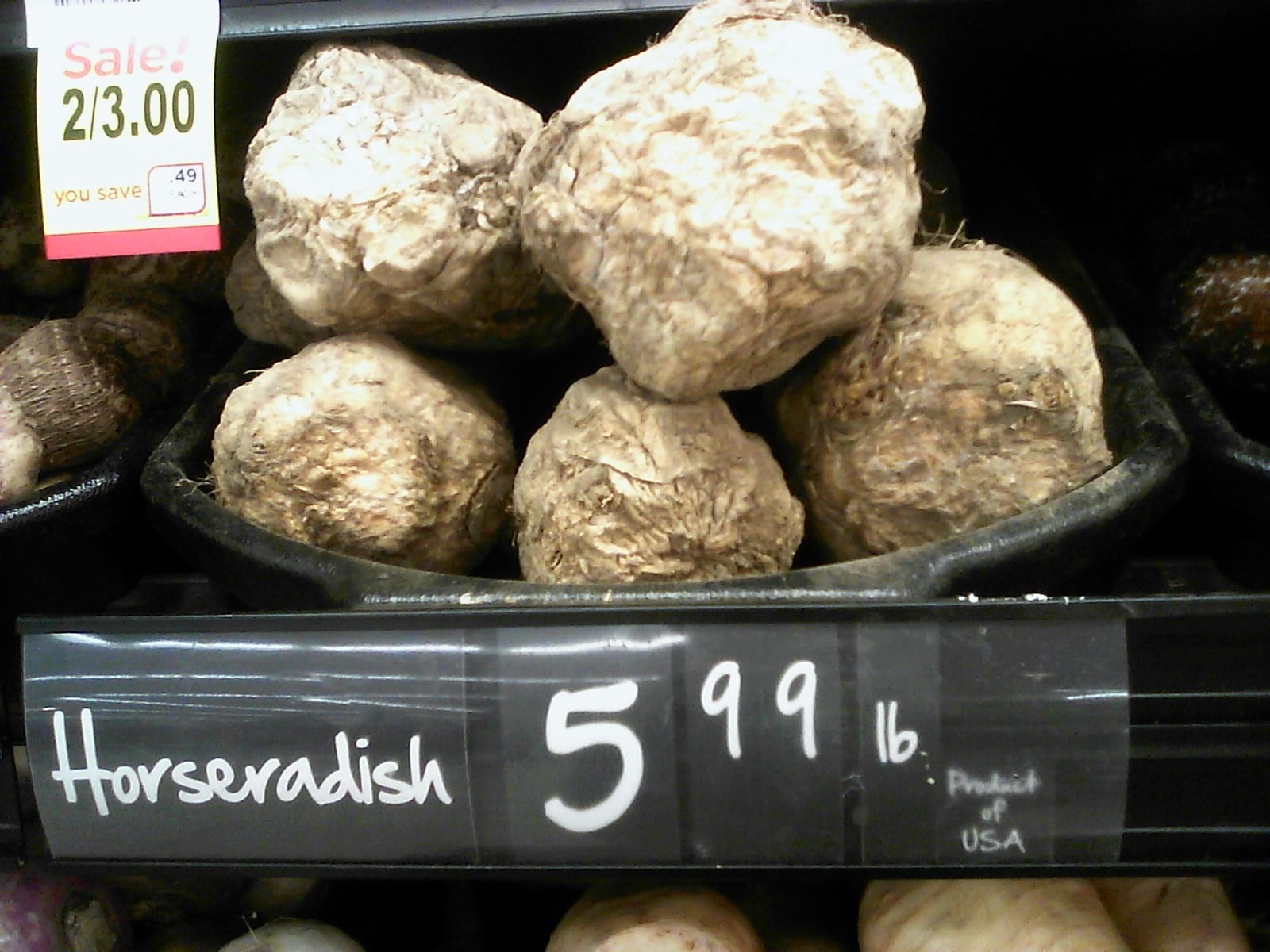 Fresh horseradish roots stacked in a supermarket produce display.