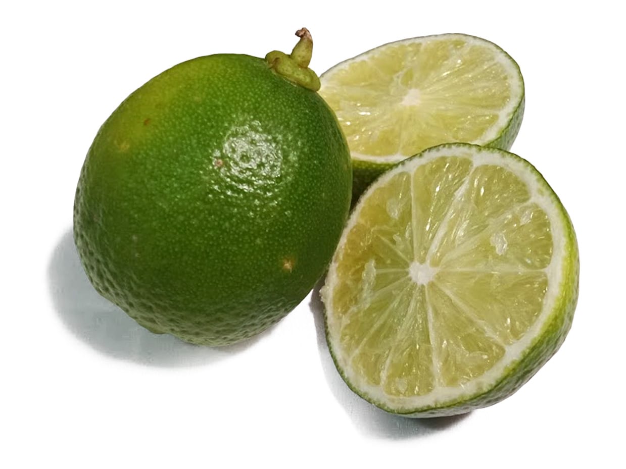 One whole green lime and two bright cut lime halves on white.