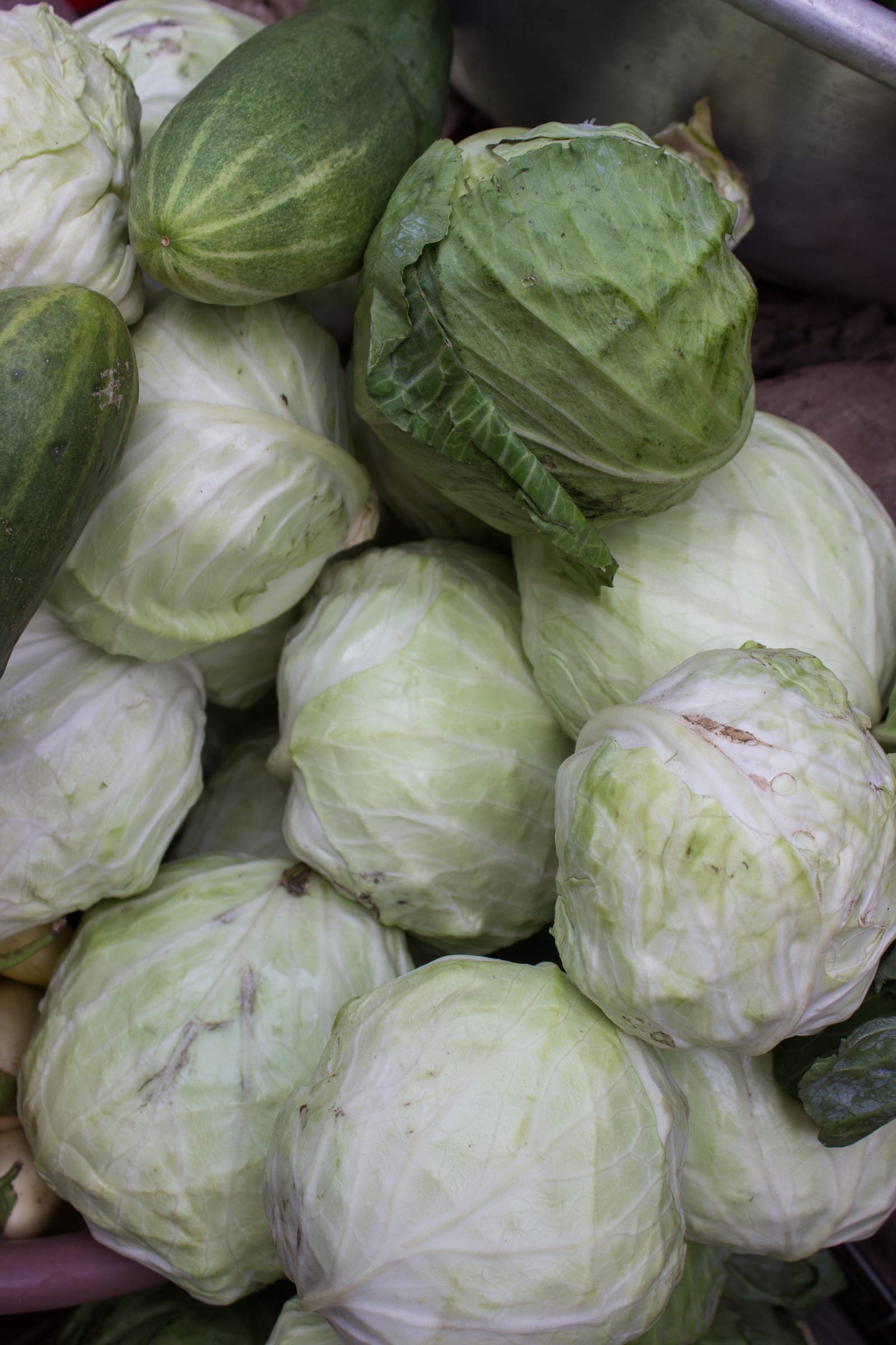 A market display piled with round heads of pale-green cabbage.