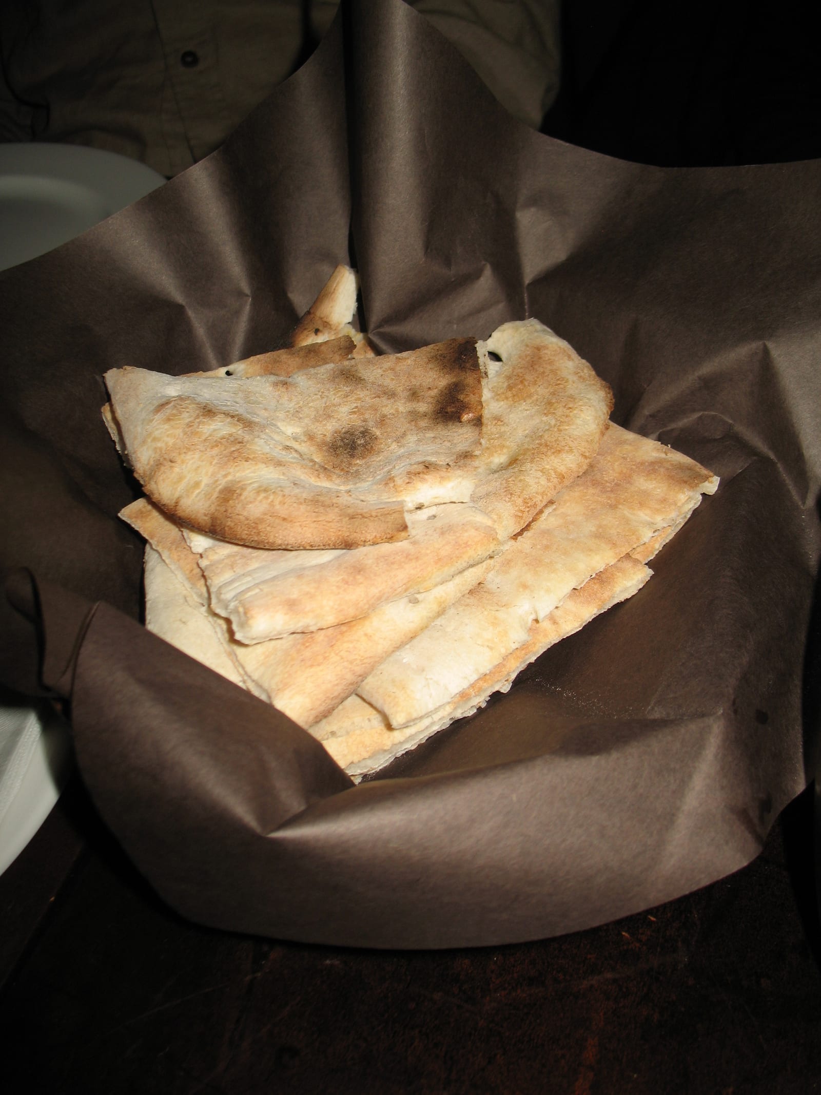 Warm pita flatbreads stacked in a paper-lined basket.