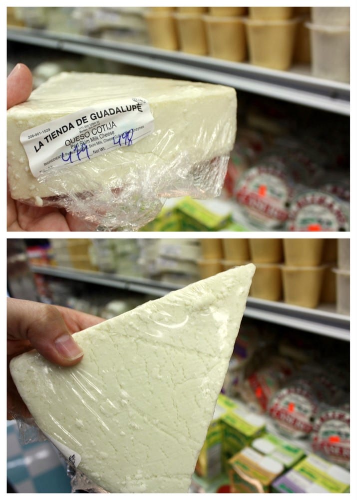 Two views of a pale wedge of Cotija cheese held in a market.