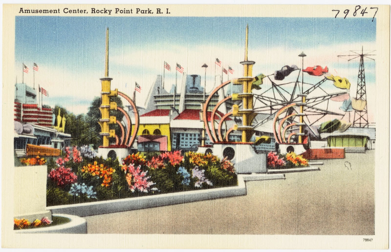 Vintage color postcard of the amusement center and rides at Rocky Point Park in Rhode Island.