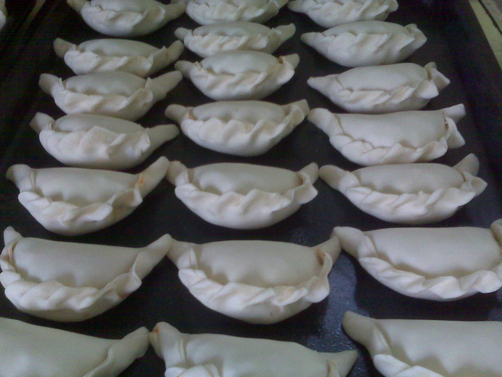 Rows of uncooked Argentine empanadas closed with several braided edge patterns.
