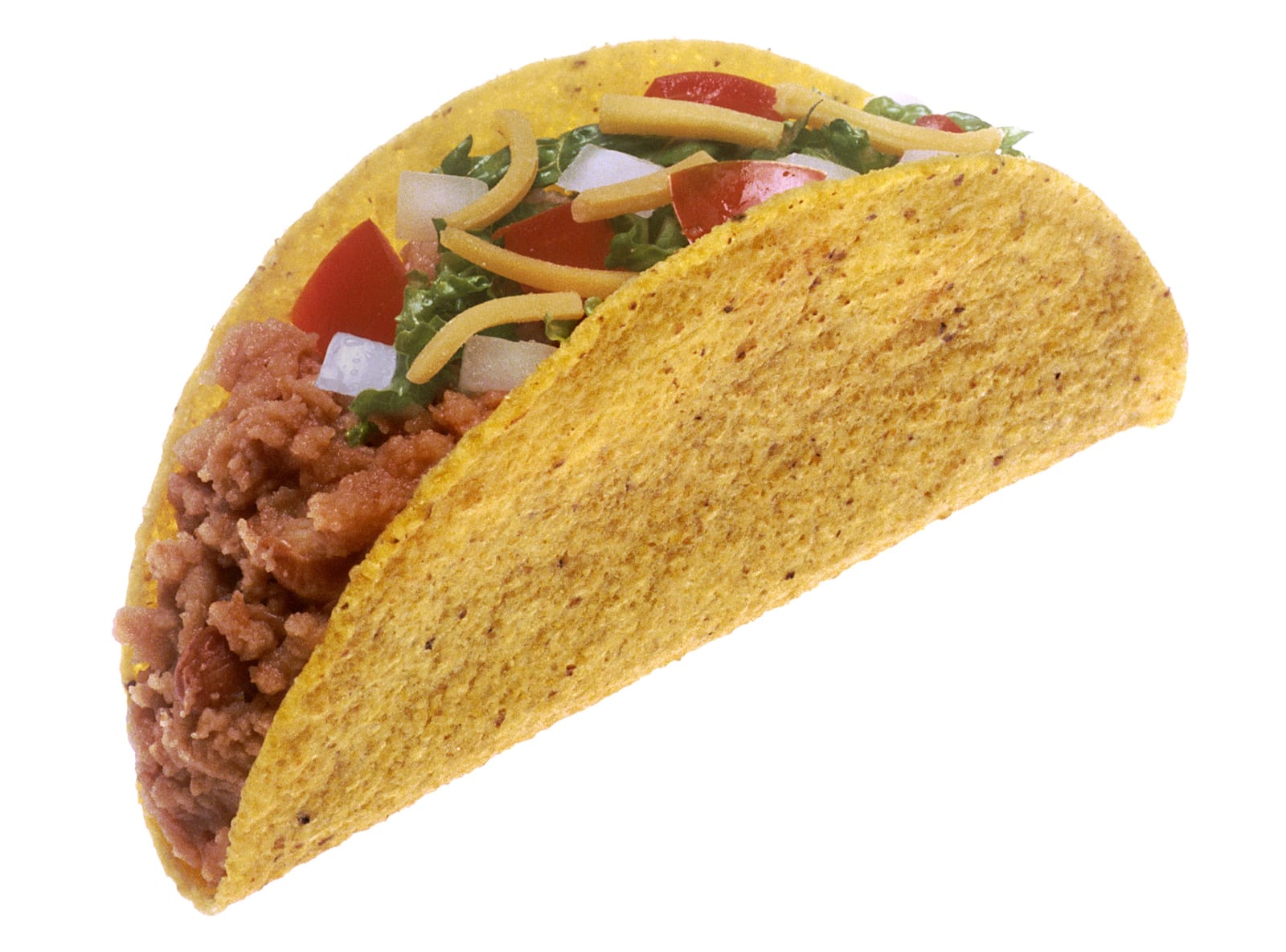 Two crisp yellow taco shells filled with ground meat, lettuce, tomato, onion, and shredded cheese.