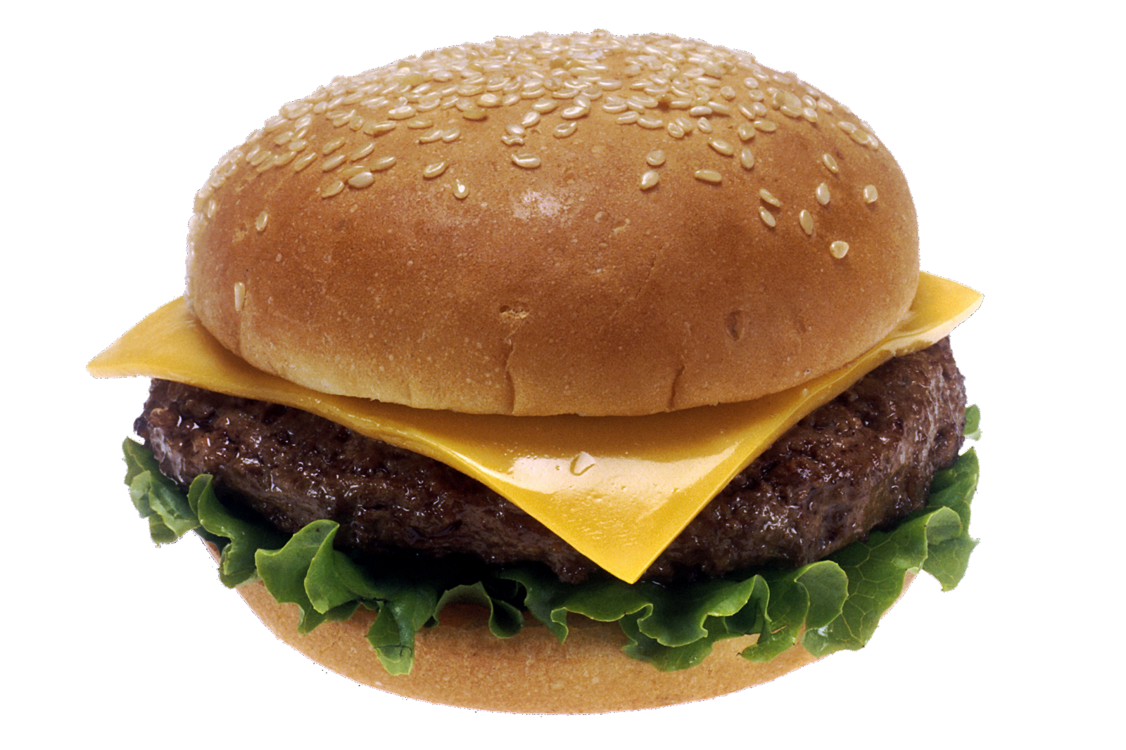 Cheeseburger with lettuce on a sesame bun, isolated against a transparent background.