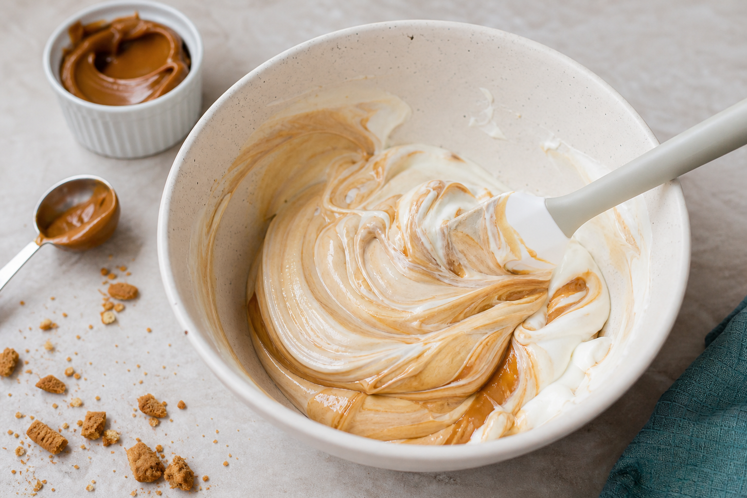 Thick Greek yogurt being folded with caramelized biscuit spread in a ceramic bowl.