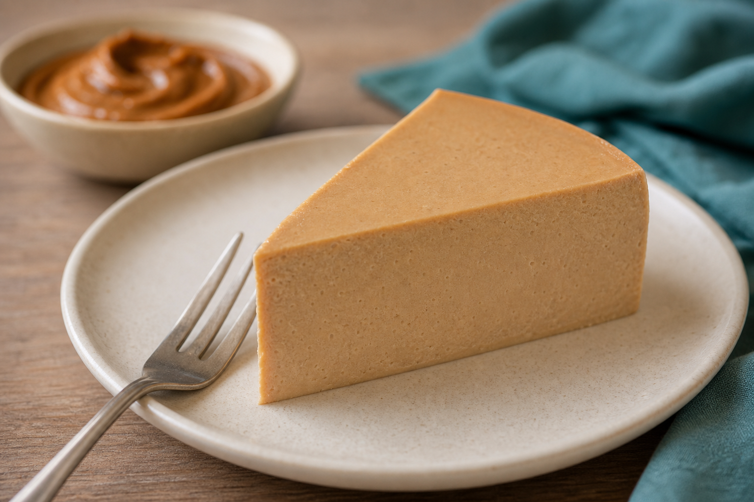 A clean slice of caramel-colored yogurt and biscuit spread cheesecake on a plate.